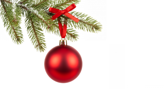Red christmas ornament hanging on a snow dusted pine branch with a red bow on transparent background