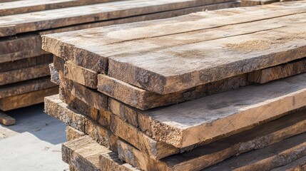 A large stack of rough unfinished timber planks piled outdoors in a storage area