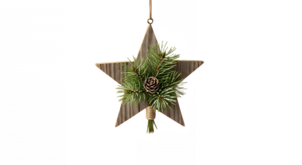 Rustic wooden star ornament with pine sprigs and pinecone for holiday decor on transparent background