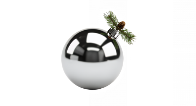 Silver christmas ornament with a pine sprig holiday decor on transparent background