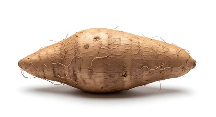 Single raw yam root vegetable with rough brown skin and thin rootlets isolated on white background food
