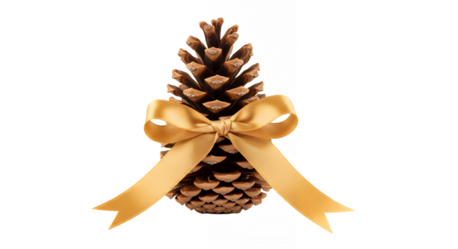 Pinecone with a gold ribbon for holiday celebrations on transparent background