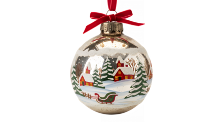 Christmas ornament with winter village scene and red bow on transparent background