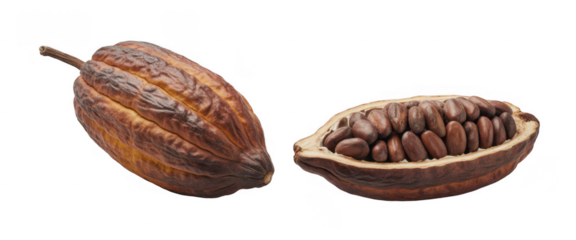 Whole and halved cocoa pod with beans isolated on a transparent background