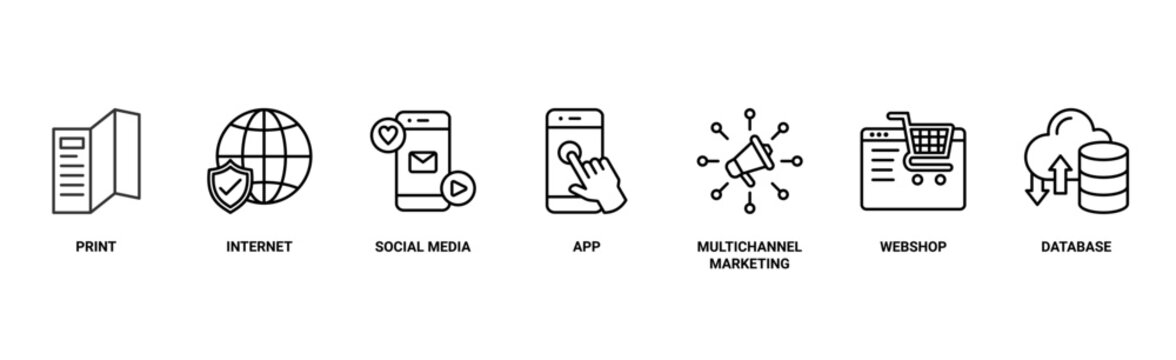 Cross-media banner web icon vector illustration concept with icon of print, internet, social media, app, multichannel marketing, webshop and database