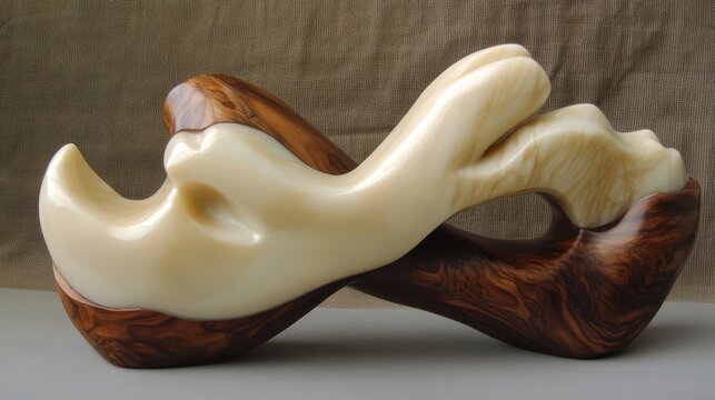 Abstract sculptural interpretation of intertwined hands crafted from contrasting polished wood and creamy material