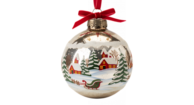Christmas ornament with winter village scene and red bow on transparent background