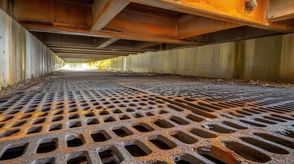 Bent and twisted metal grates with rust underneath an industrial structure