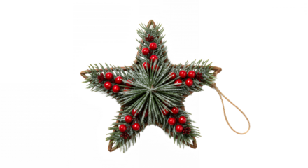 Festive christmas star ornament made of pine branches and red berries on black on transparent background