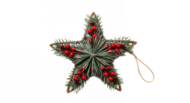Festive christmas star ornament made of pine branches and red berries on black on transparent background