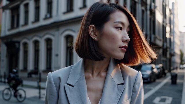 Woman looks aside on urban street. Portrait of professional woman in city environment. Business model pauses near historic building. Asian woman shows confident expression while looking into distance.