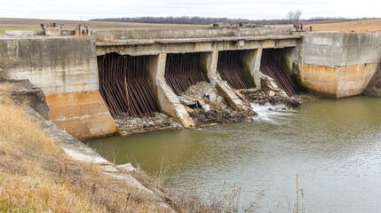 Cracked concrete reservoir structure showing deep fissures and decay with water flowing through damaged sections