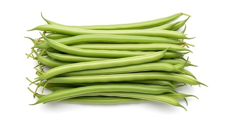Stack of fresh green beans with pointed ends and thin stems isolated on a white background string vegetable