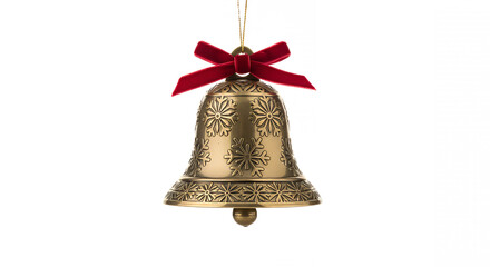 Ornate golden christmas bell with red velvet bow against a black backdrop on transparent background