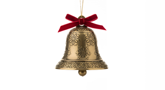 Ornate golden christmas bell with red velvet bow against a black backdrop on transparent background