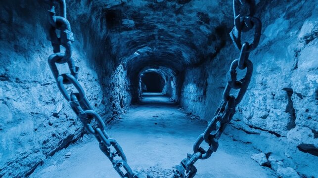 Broken iron chains hang limply in a dark and ancient stone tunnel suggesting an abandoned and forgotten place - Powered by Adobe