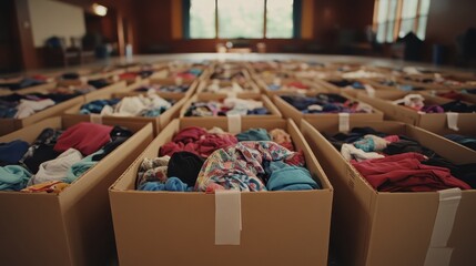 Cardboard boxes filled with donated clothing arranged indoors