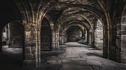 Ancient stone archway corridor with weathered columns and a stone floor stretching into darkness