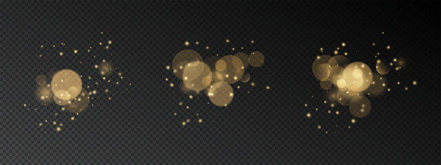Golden bokeh light effect on night background. Luminous glitter particles, shimmering dots, soft circles with warm glow and sparkle. Vector holiday decoration template for christmas cards.