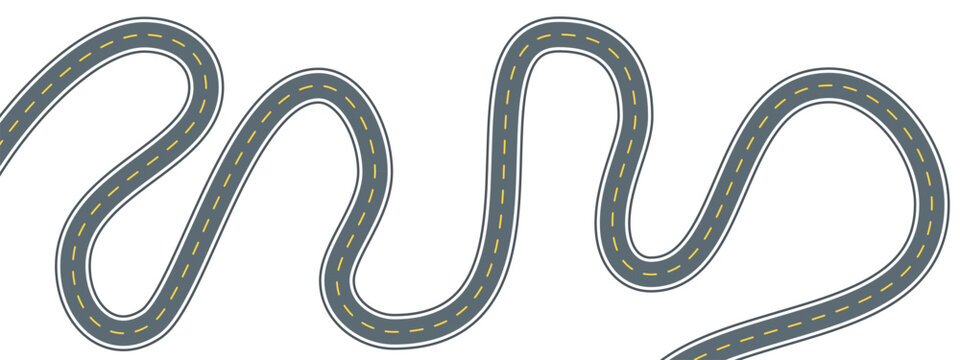 Winding racetrack flat line illustration. Vector outline pictogram of a curved asphalt highway with yellow dashed lane markings forming looping bends, symbolizing race route