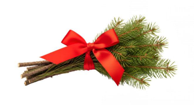 Festive christmas bouquet of evergreen branches tied with a bright red ribbon on transparent background