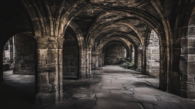 Ancient stone archway corridor with weathered columns and a stone floor stretching into darkness - Powered by Adobe