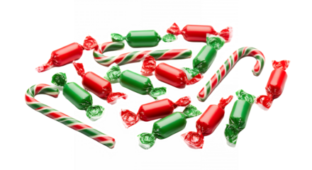 Festive christmas candy canes and wrapped hard candies on transparent background