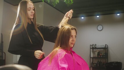 Expert stylist performs hair analysis and treatment consultation in a modern beauty salon