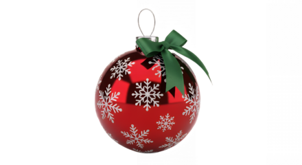 Red christmas ornament with snowflakes and green bow against a black backdrop on transparent background