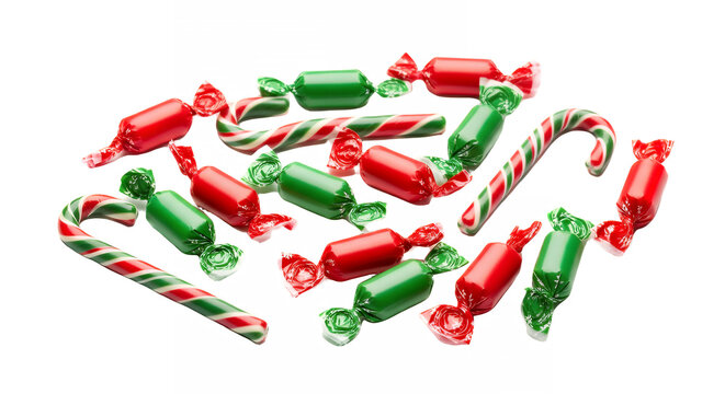 Festive christmas candy canes and wrapped hard candies on transparent background - Powered by Adobe