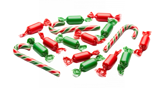 Festive christmas candy canes and wrapped hard candies on transparent background