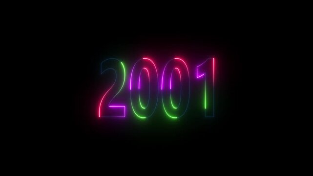 Neon sign displaying the year 2001 with multi-colored lights on a black background image photo
