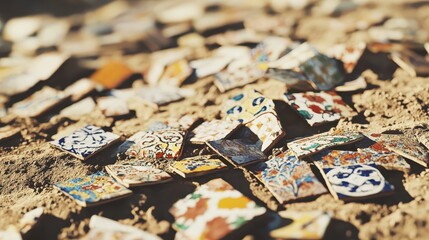 Naklejka premium Broken mosaic tile fragments scattered on the ground