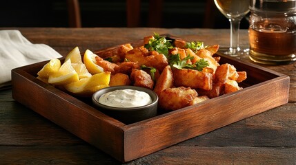 Close up of delicious fried fish and chips on a wooden tray