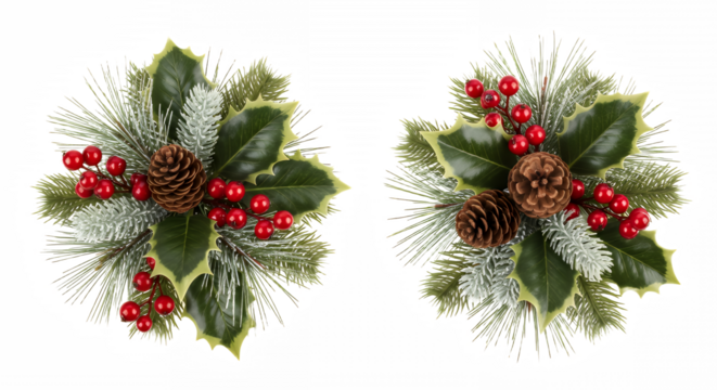 Two festive christmas arrangements with holly berries and pinecones on black on transparent background