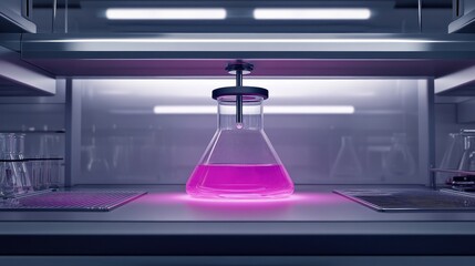 Clear Laboratory Flask With Pink Solution Under Neon Light