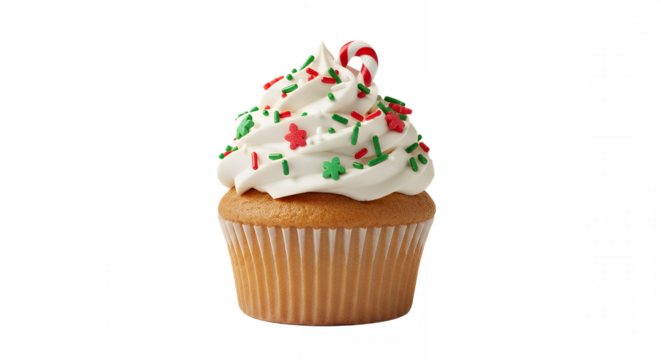 Festive christmas cupcake with white frosting and candy cane on transparent background