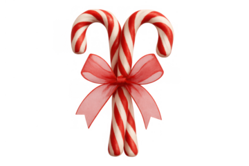 Candy canes tied with a red bow, traditional christmas sweet and holiday decoration on transparent background