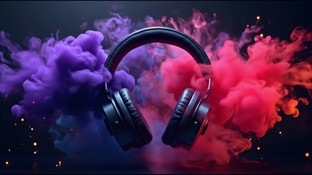 Explosive Sound Energy &ndash; Colorful Powder Burst Behind Wireless Headphones | Perfect for Music & Audio 