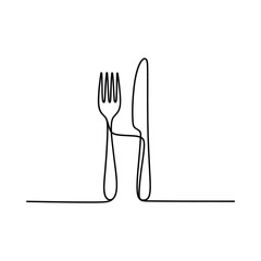 Minimalist line art of fork and knife on white background