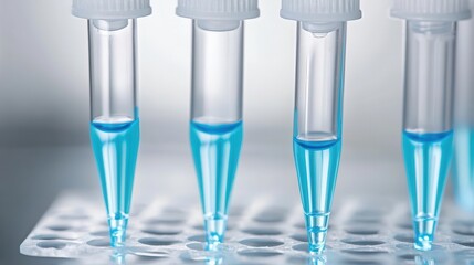 Close up of pipettes holding blue liquid in a research lab