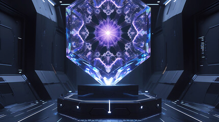 Futuristic glowing crystal artifact on a pedestal in a dark sci fi chamber