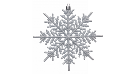 Sparkling silver snowflake ornament against a for winter holiday on transparent background