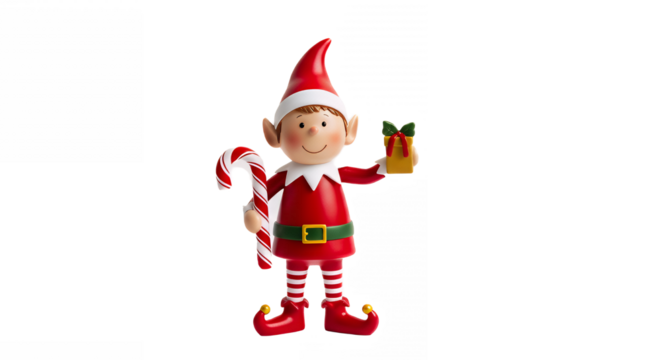 Festive christmas elf holding a candy cane and a gift on transparent background