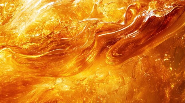 Intricate molten glass art with swirling amber and golden textures illuminated by warm light - Powered by Adobe