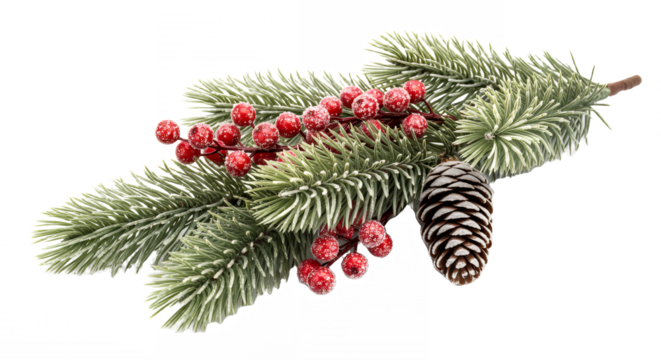 Festive christmas fir branch with red berries and pine cone on transparent background