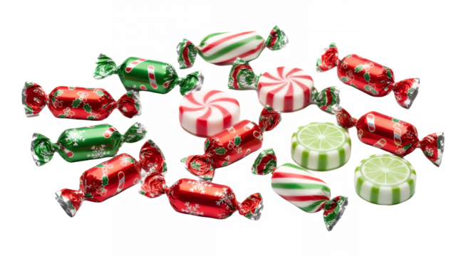 Festive christmas candies in red green and white wrappers on transparent background