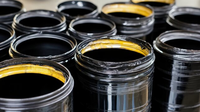 Collection of empty fuel canisters with dark liquid inside