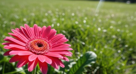 Vibrant pink gerbera daisy blooming brightly in a sunny green field