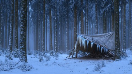 Makeshift shelter covered in icicles within a snowy forest